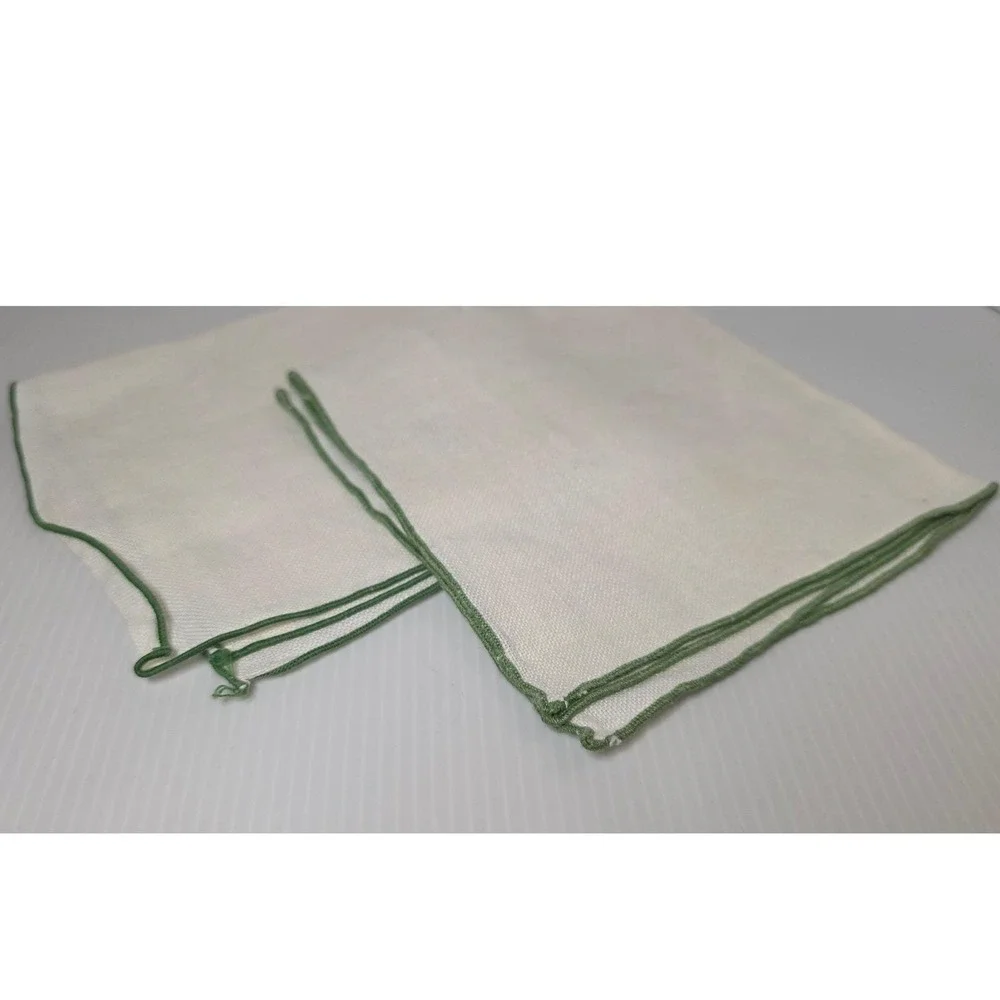 Vintage Linen Napkins Set‎ of 2 Green Trimmed Hand Sewn Square Napkins